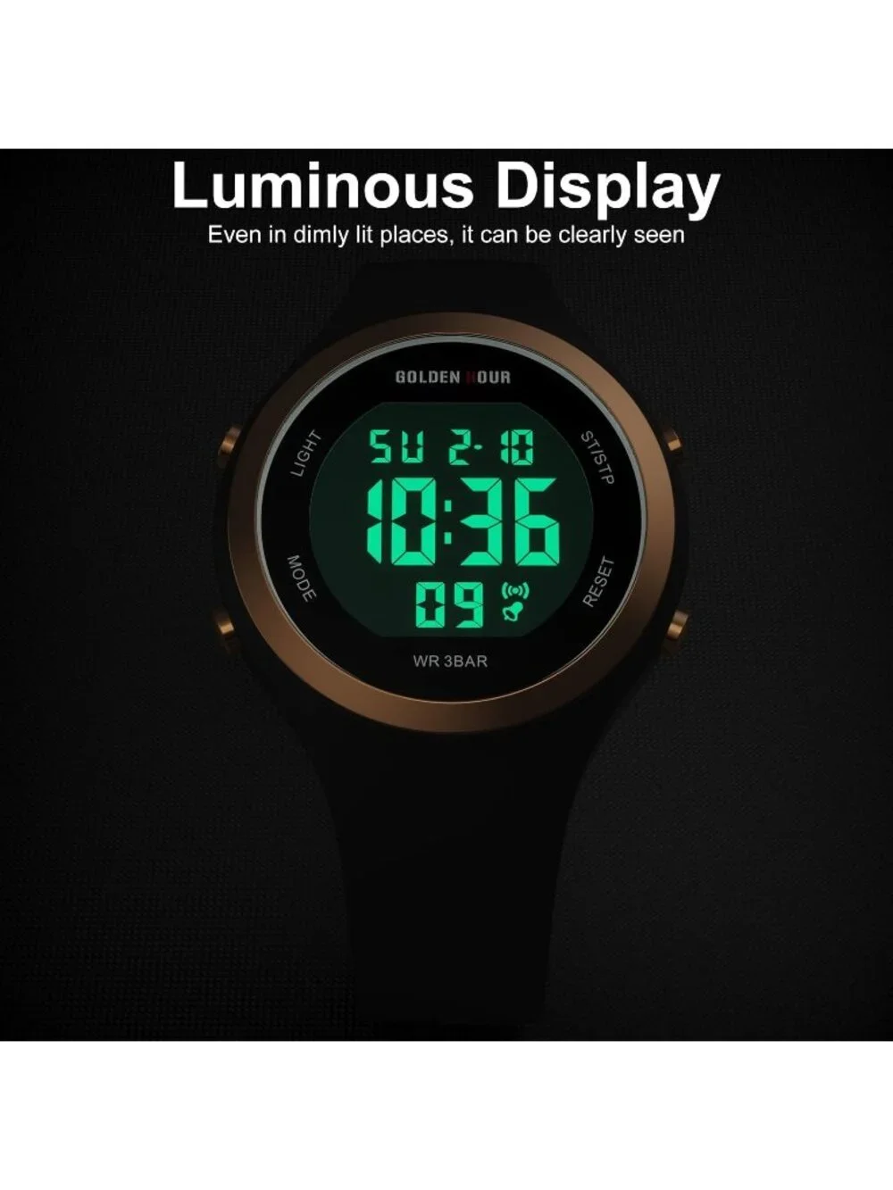Women's Black Waterproof Sport Digital Chronograph Silicone Strap Wrist Watch
